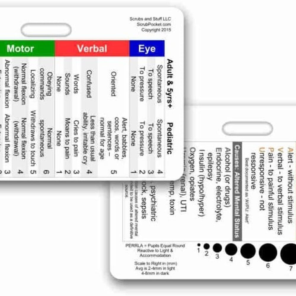 Glasgow Coma Scale GCS Horizontal Reference Badge ID Card 1 Card